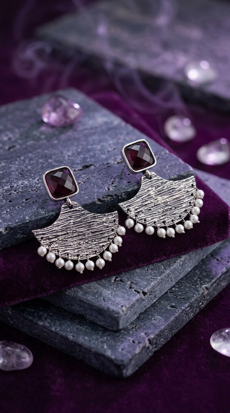 Maroon Stone Tassel Earring with Textured Triangular Dangle, Silver-Tone Party Wear Jewellery