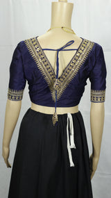 Dark Navy Blue Readymade Designer Padded Blouse with Gold Zari & Sequin V-Neck, Elbow Sleeves, Back Knot