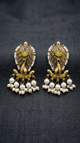Antique Gold-Tone Traditional Statement Earrings with Oval Stone, Beads & Pearl Drops for Women