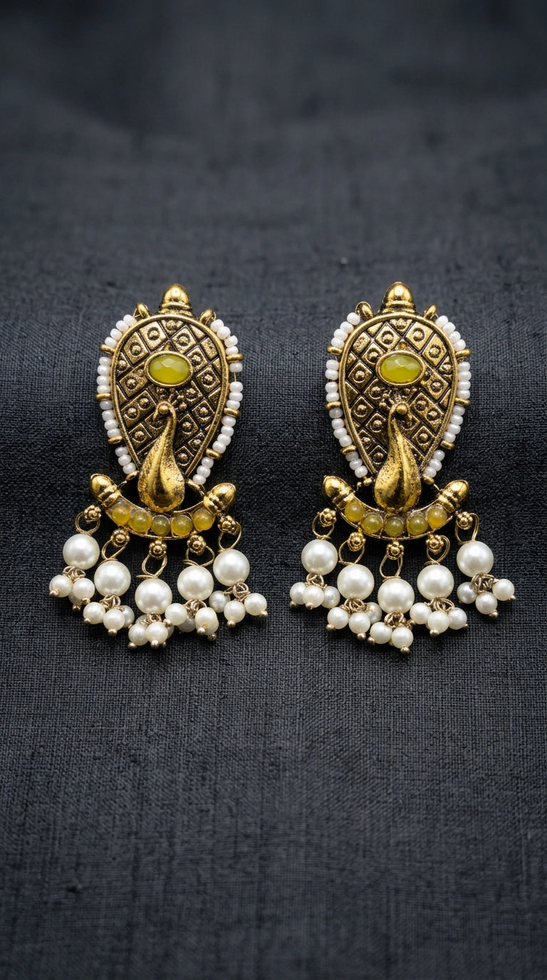 Antique Gold-Tone Traditional Statement Earrings with Oval Stone, Beads & Pearl Drops for Women