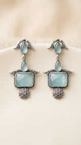 Sea Blue Oxidised Silver Drop Earrings with Teardrop and Rectangular Stone for Traditional Wear