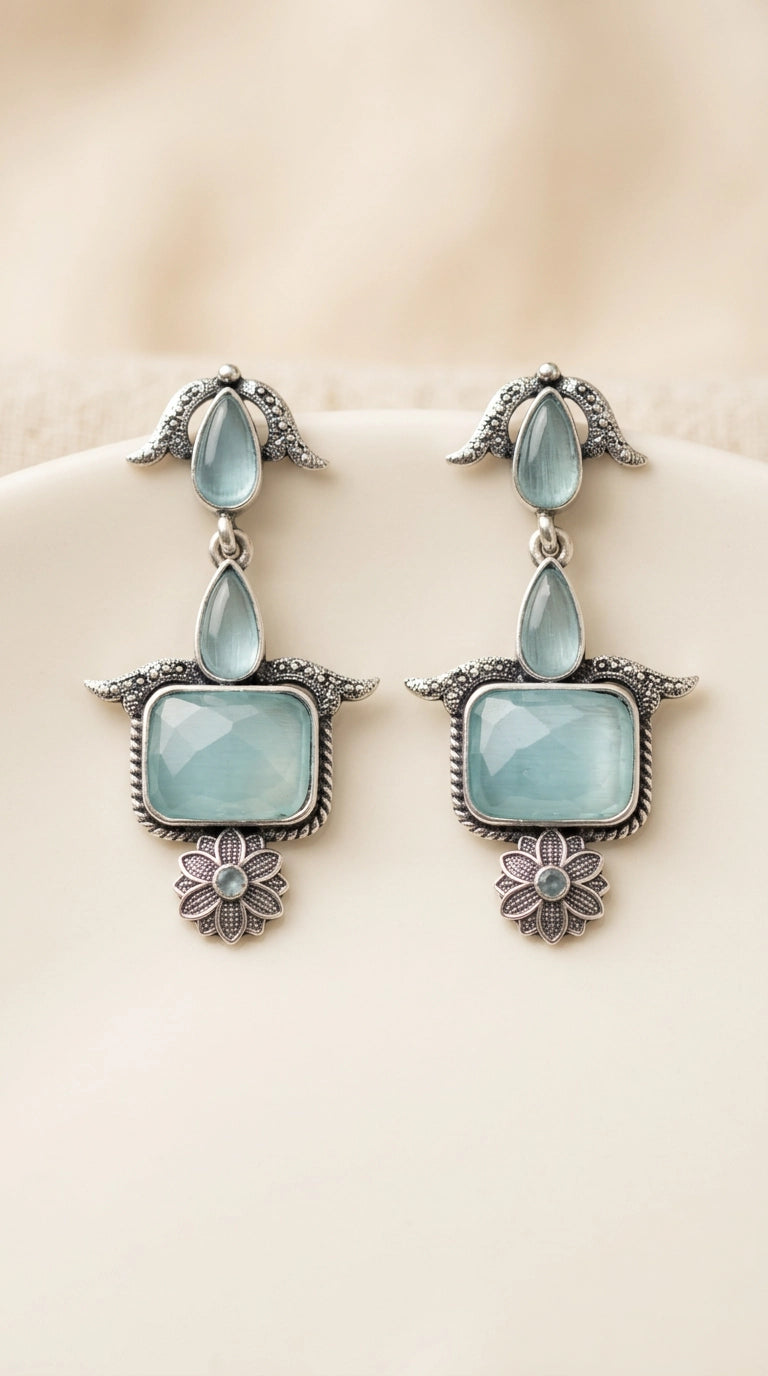 Sea Blue Oxidised Silver Drop Earrings with Teardrop and Rectangular Stone for Traditional Wear