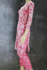Cotton Pink Kurta Set with Floral Design for Women