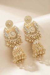 Traditional Oxidized Gold-Tone Jhumka Earrings with Floral Stud & Iridescent Stones (Sandal)