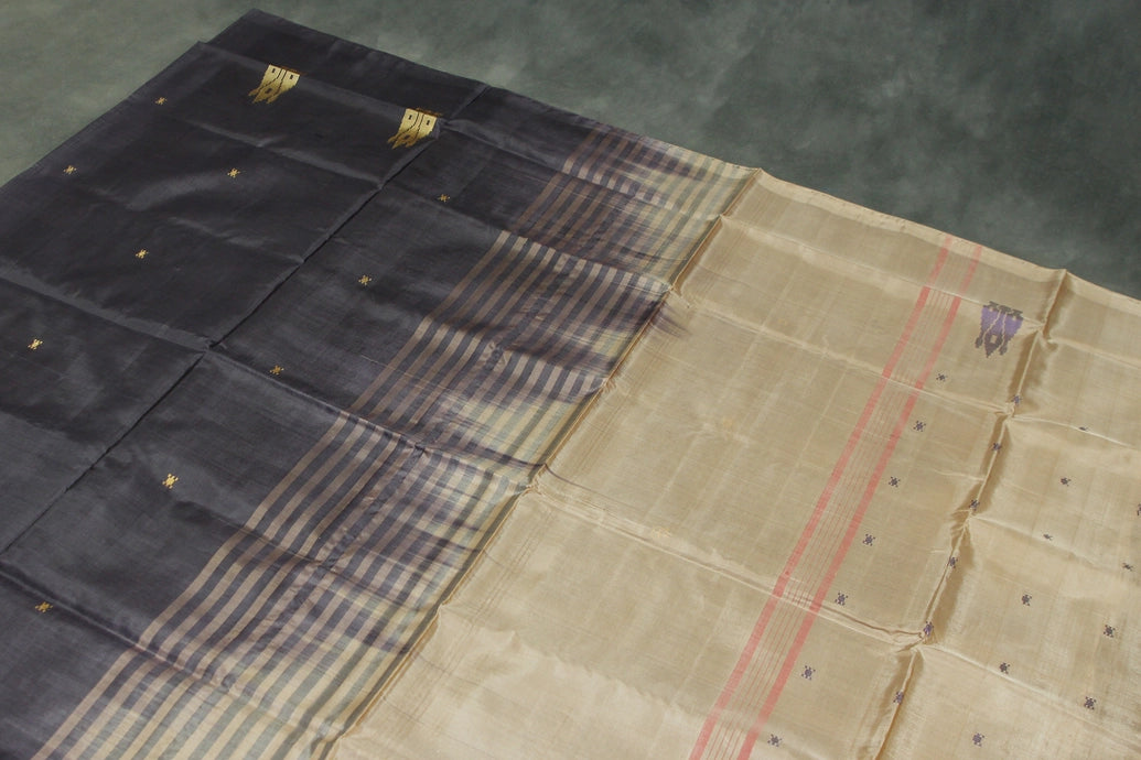 Light Brown Vaazhai Naar (Banana Pith) Saree with Small Purple Butta and Dark Contrast Pallu