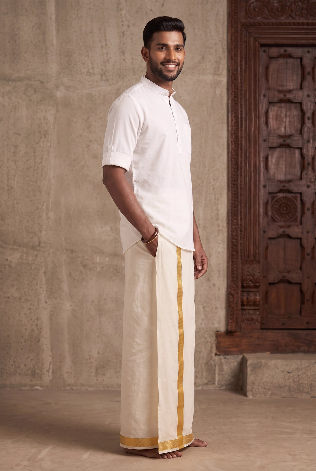 Men White Art Silk Panchakacham Dhoti (Ready-to-Wear) with Velcro Waist