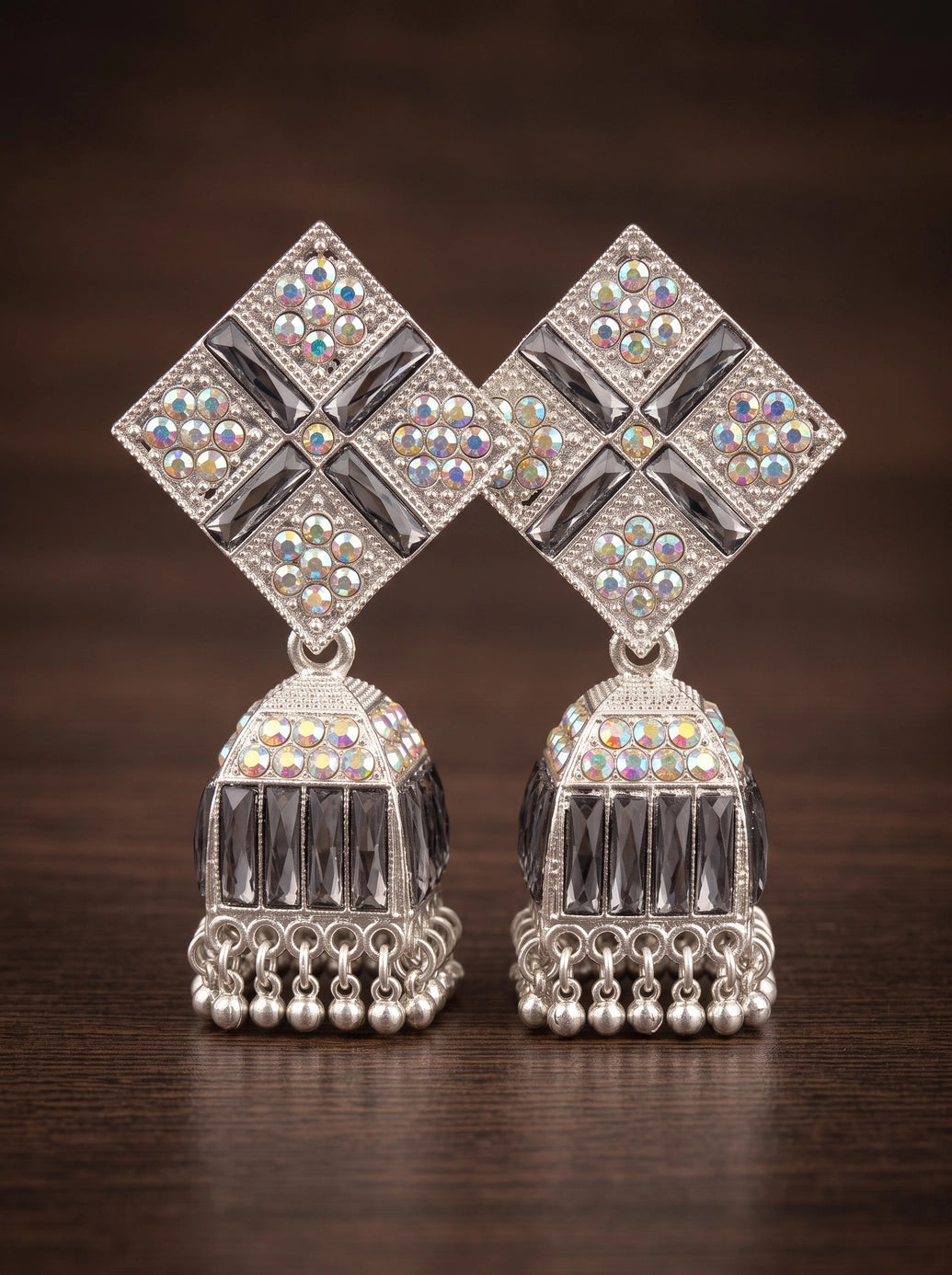 Black Silver Antique Jhumka Earrings with Multicolor Stone Stud & Beaded Dangles, Fashion Jewellery for Women