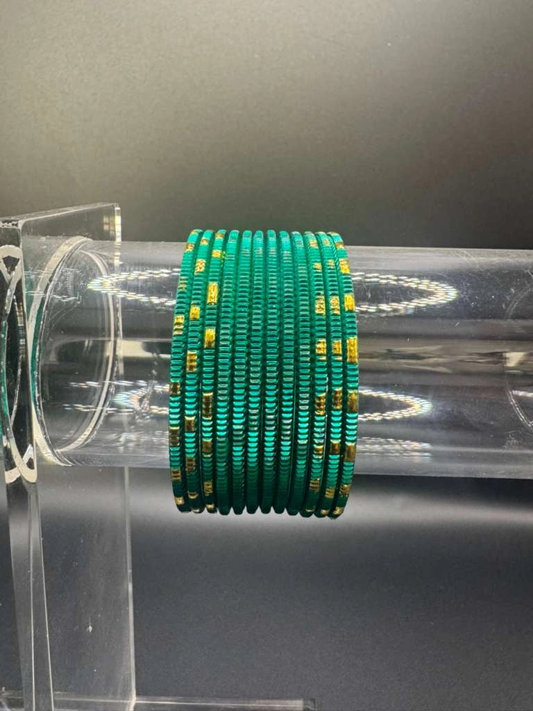 Kids Teal Green Metal Bangles Set of 24 with Gold-Tone Lines