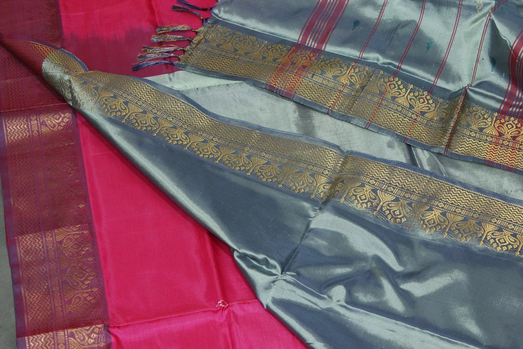 Steel Grey Vaazhai Naar (Banana Pith) Saree with Zari Border and Pink Pallu