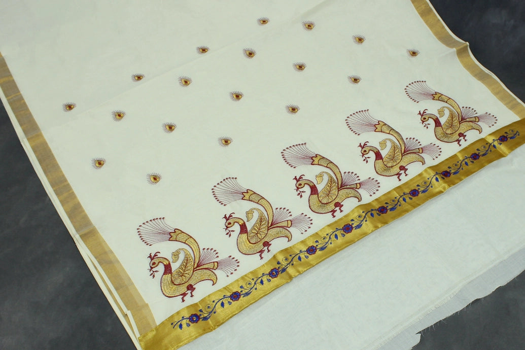 Pure Kerala Cotton White Saree with Peacock Zari Embroidery
