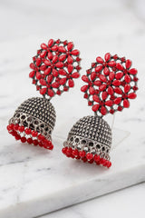 Traditional Oxidized Silver Jhumka Earrings with Floral Stud and Bead Drops - Fashion Jewellery