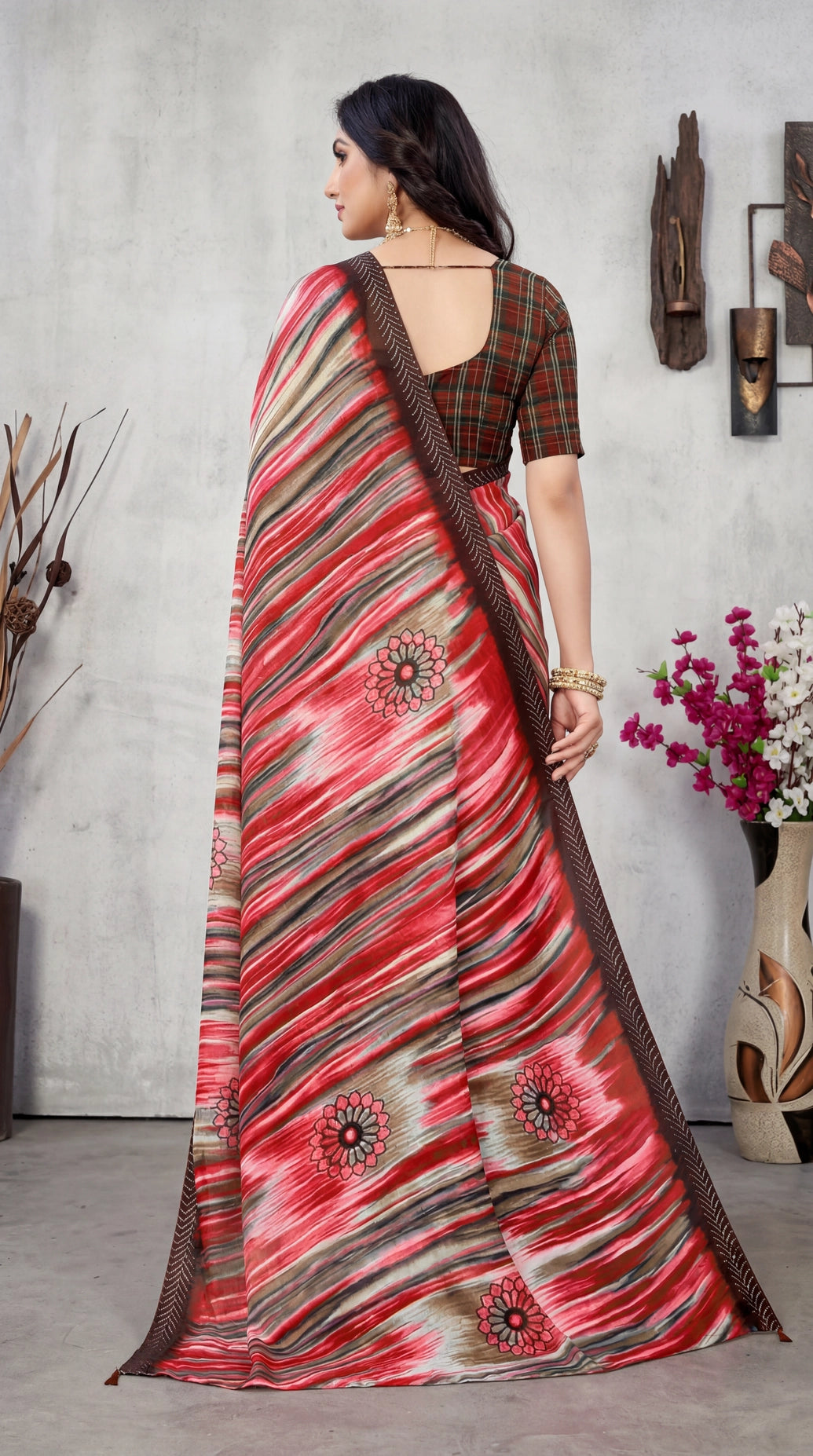 Red Georgette Saree with Floral Motifs and Striped Pattern Border | Jasmin Zomato Style