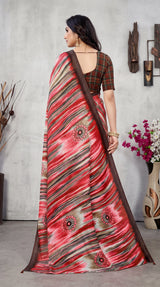 Red Georgette Saree with Floral Motifs and Striped Pattern Border | Jasmin Zomato Style