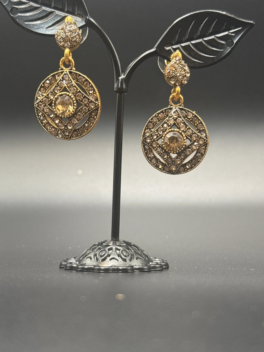 Antique Gold-Tone Round Dangler Stone Earrings - 1.5 inch
