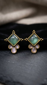Mint Green Square Stone Stud Earrings with Gold-Tone Frame and Crystal Accents for Ethnic Wear