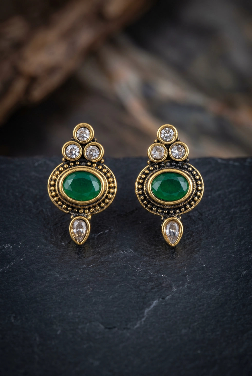 Green Oval Stud Earrings with Antique Gold-Tone Beaded Detailing, Traditional Ethnic Wear for Women