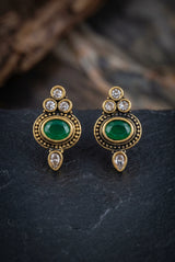 Green Oval Stud Earrings with Antique Gold-Tone Beaded Detailing, Traditional Ethnic Wear for Women