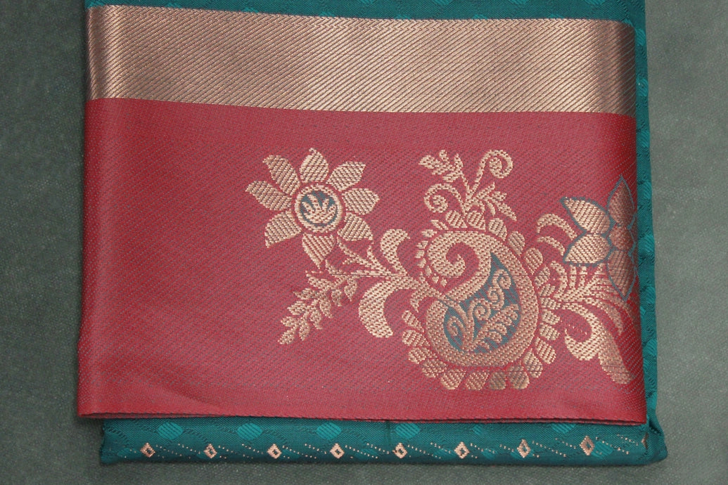 Forest Green Embossed Semi Silk Saree with Floral Design Satin Border and Blouse