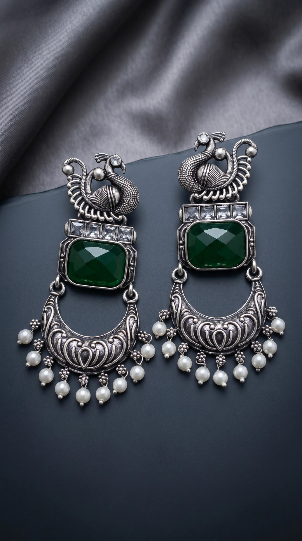 Antique Peacock Green Stone Fashion Earrings with Clear Crystals and Pearl Drops, Statement Ethnic Jhumka