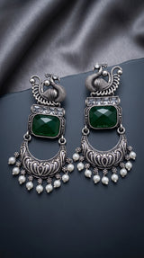 Antique Peacock Green Stone Fashion Earrings with Clear Crystals and Pearl Drops, Statement Ethnic Jhumka