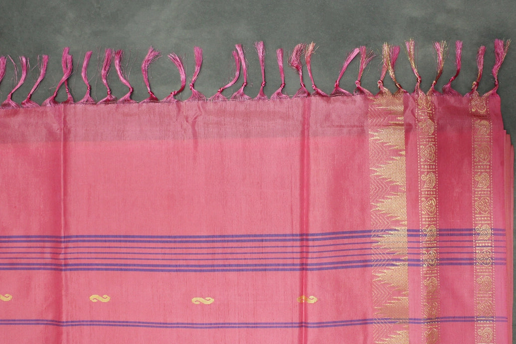 Banana Pith (Vaazhai Naar) Salmon Pink Saree with Gold-Tone Zari Border and Small Butta