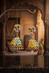 Traditional Gold-Tone Jhumka Earrings with Floral Stud & Multicolor Bead Danglers