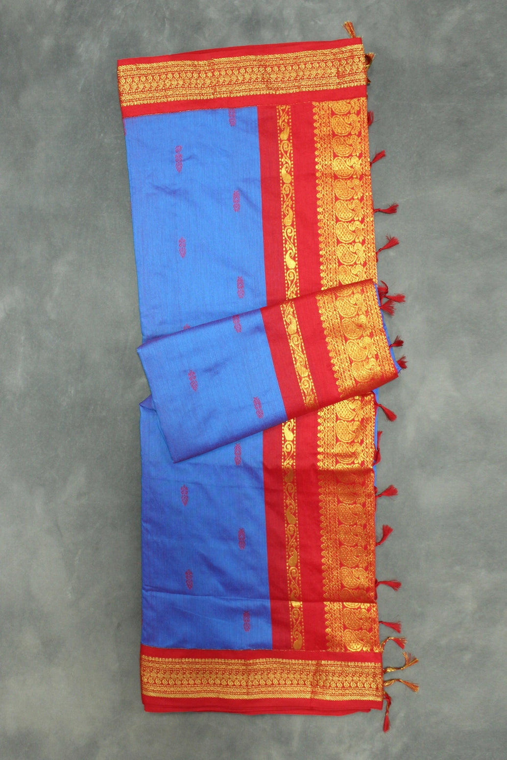 Kalyani Blue Cotton Saree with Red Zari Border & Putta Motifs, Blouse Included Saree JCS Fashions