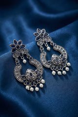 Dark Blue Oxidized Silver Floral Teardrop Stone Pearl Drop Fashion Earrings