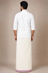 Men’s Off-White Cotton Dhoti with 0.25 inch Coloured Border, 2 Metre Single Veshti for Wedding & Festive Wear