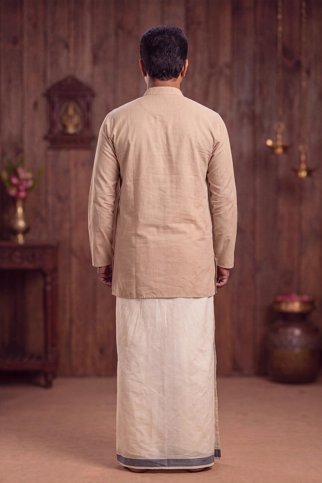 Mens Off-White Cotton Dhoti with 1.25-inch Border, 2 Metre Single Veshti for Wedding Festive Temple Wear
