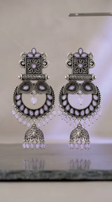 Light Lavender Oxidised Silver Square Statement Earrings with Floral Motif and Stone Detail