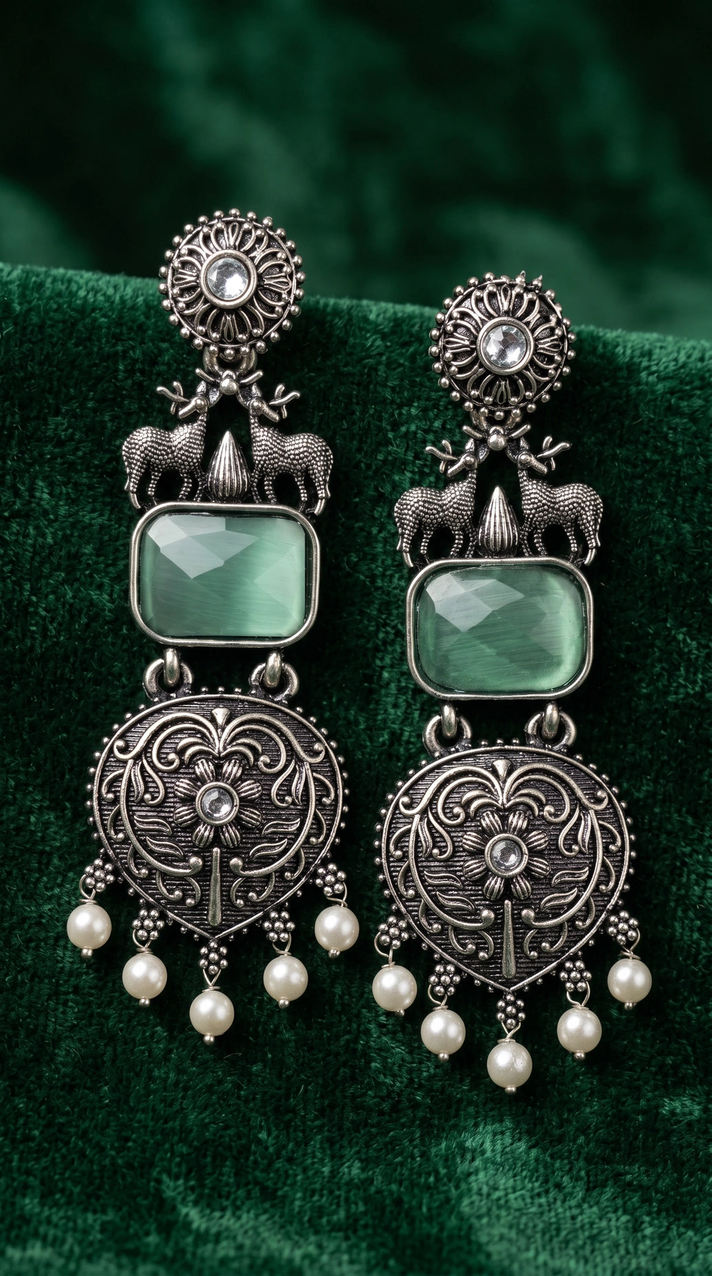 Mint Green Stone Silver-Tone Dangle Earrings with Pearl Drops for Party & Festive Wear