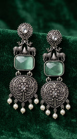 Mint Green Stone Silver-Tone Dangle Earrings with Pearl Drops for Party & Festive Wear