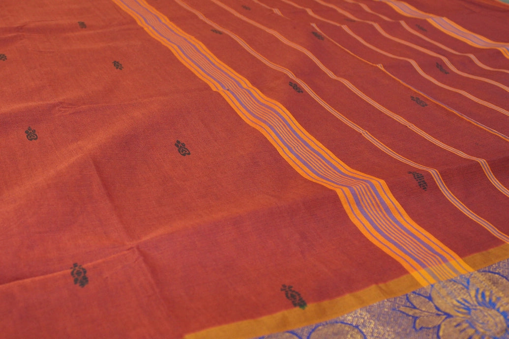 Brown Poly Cotton Butta Saree with Both-Side Zari Floral Border and Striped Pallu Saree JCS Fashions