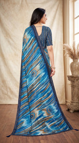 Sky Blue Jasmin Zomato Georgette Saree with Striped Pattern & Floral Motifs Border