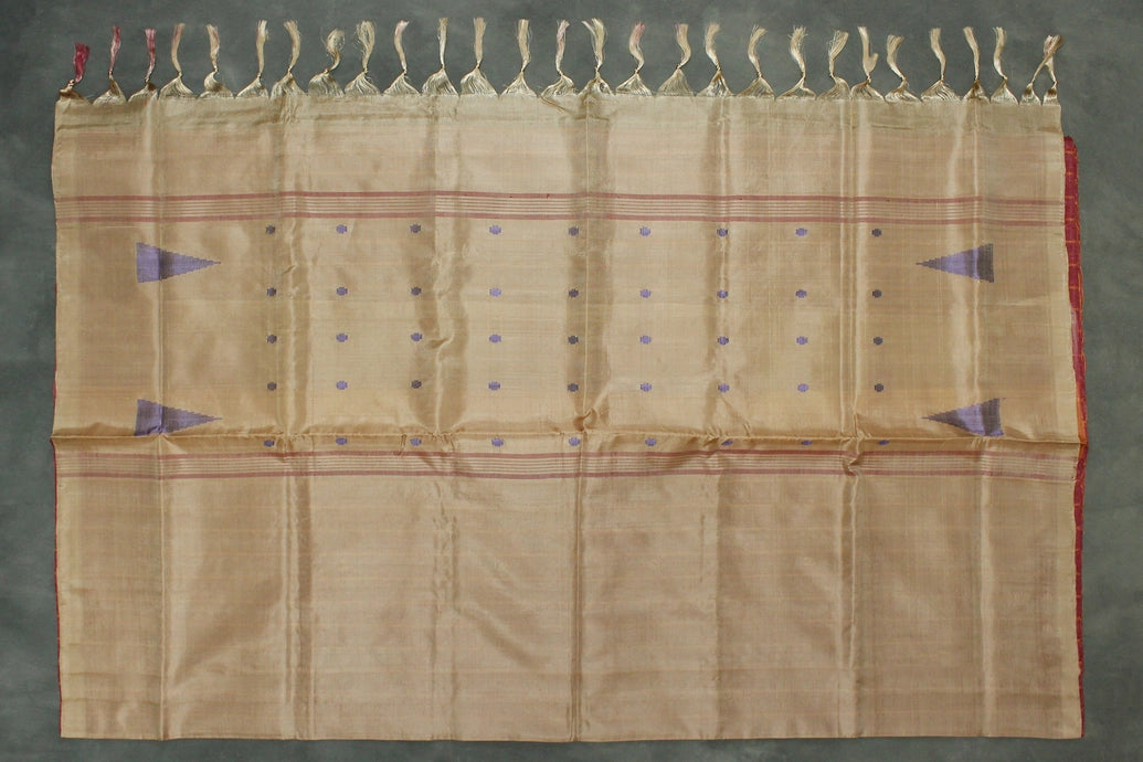 Handwoven Vaazhai Naar Banana Pith Saree in Brown with Small Purple Butta Motifs, Borderless Traditional Weave