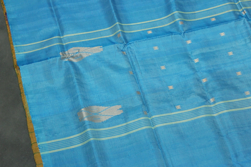Sea Blue Vaazhai Naar (Banana Pith) Borderless Saree with Small Butta - from Aruppukottai