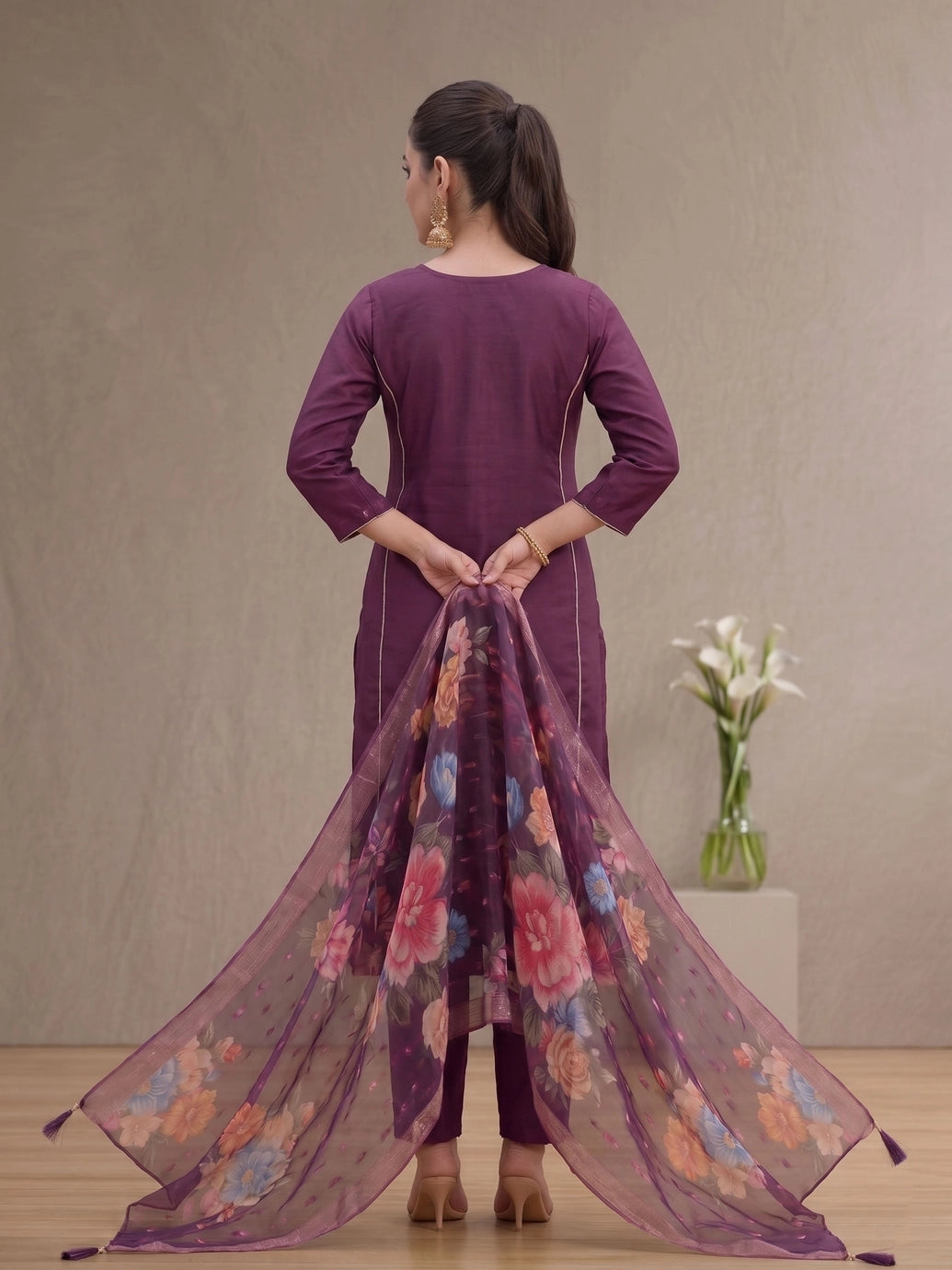 Wine Roman Silk 3-Piece Kurti Set with Embroidery Beads, Elastic Palazzo & Banarasi Dupatta