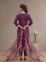 Wine Roman Silk 3-Piece Kurti Set with Embroidery Beads, Elastic Palazzo & Banarasi Dupatta