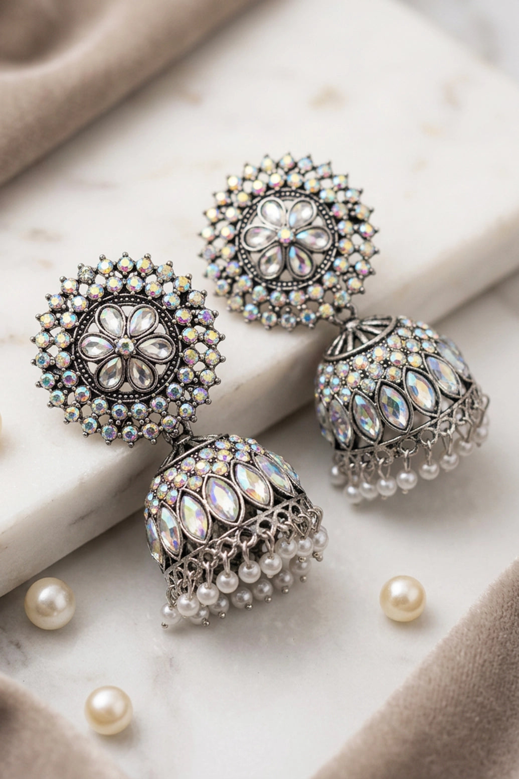 Oxidized Silver-Tone Jhumka Earrings with Multicolor Stone Work and White Pearl Drops