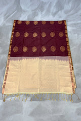 Maroon Korvai Soft Silk Border Saree with Delicate Gold Zari Buttas and Traditional Floral Border