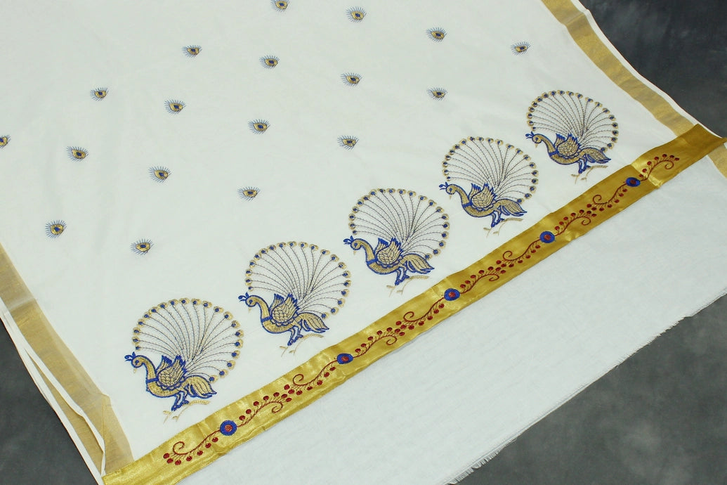 White Kerala Cotton Saree with Gold Zari Border and Peacock Embroidery | Blouse Piece