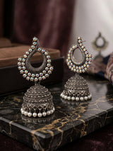 Oxidized Silver Jhumka Earrings with Teardrop Stud and White Stone Bead Dangler, Traditional Party Wear for Women