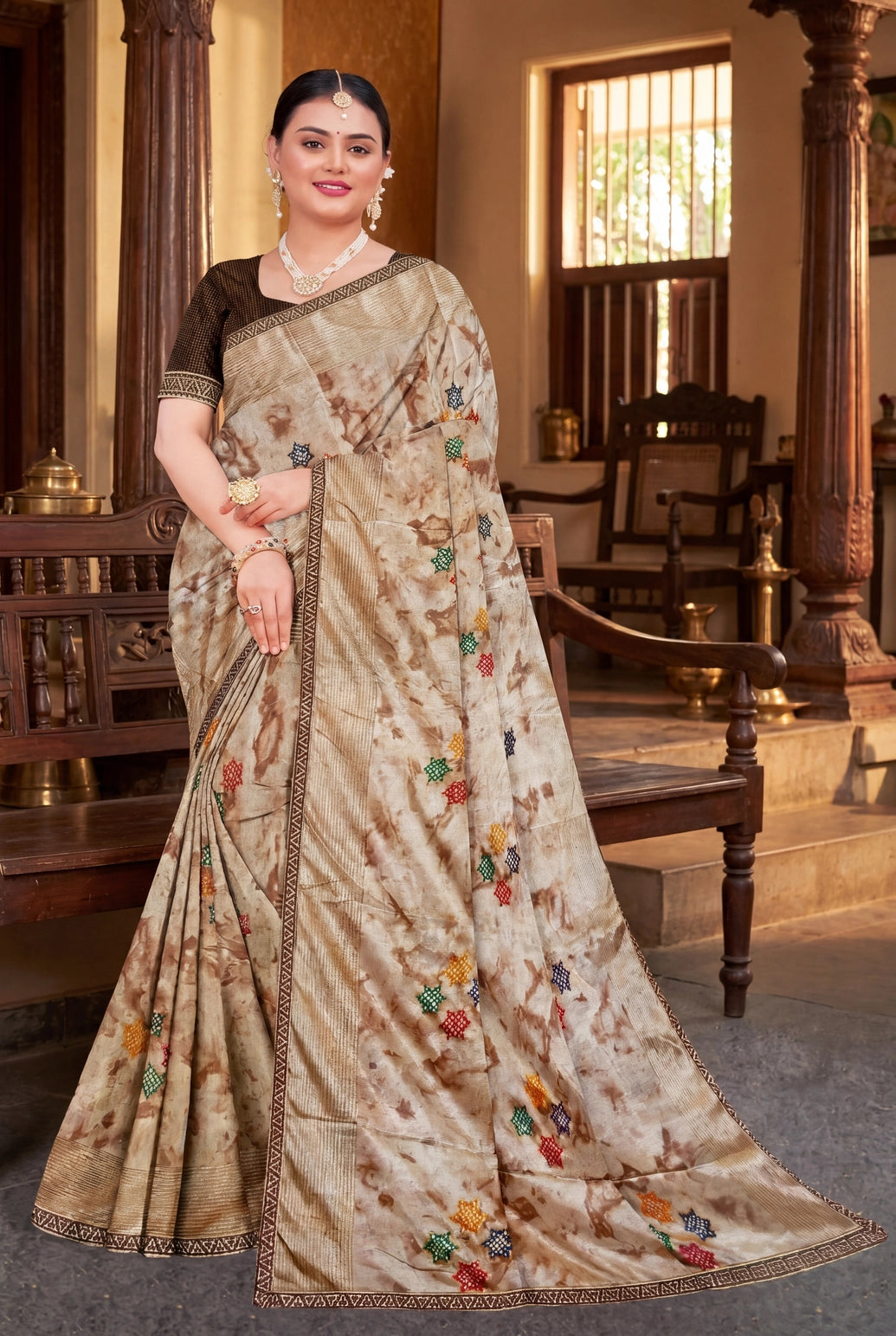 Brown Chiffon Fancy Tie-Dye Saree with Star Motifs and Shimmer Striped Border with Blouse