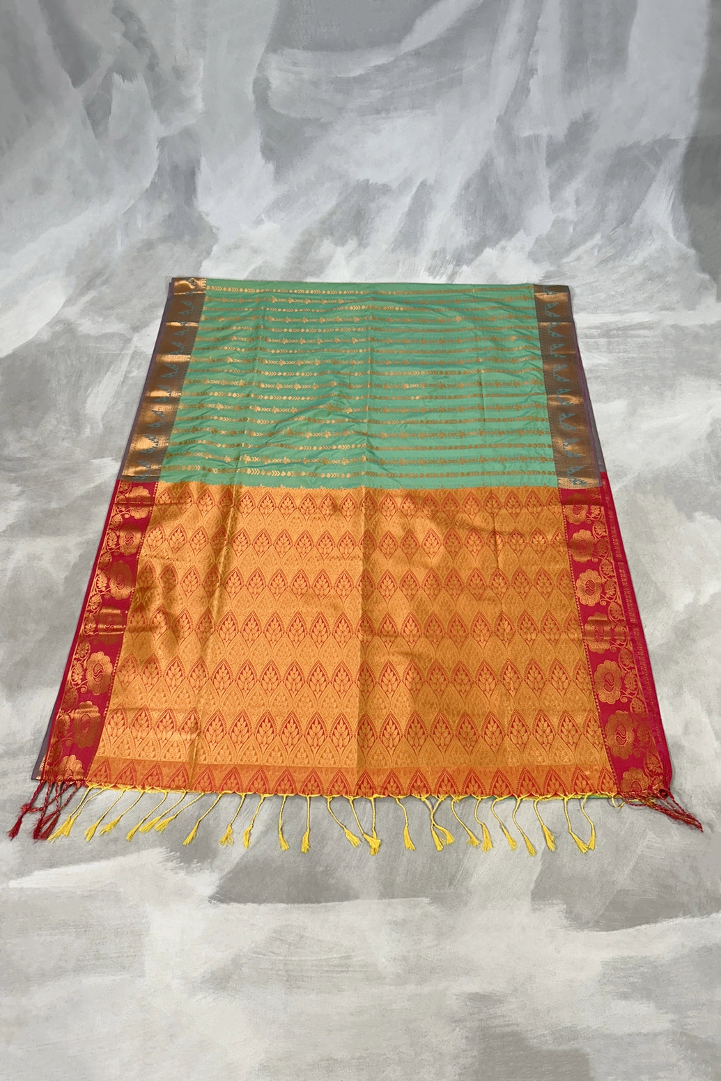 Sea Green Korvai Soft Silk Saree with Gold Zari Buttas and Traditional Floral Border, with Blouse