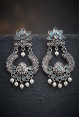 Sea Blue Oxidized Silver-Tone Floral Teardrop Stone Chandelier Earrings with Pearl Drops for Women