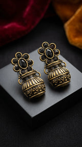Black Stone Antique Gold-Tone Jhumka Earrings with Floral Stud Design for Ethnic Wear