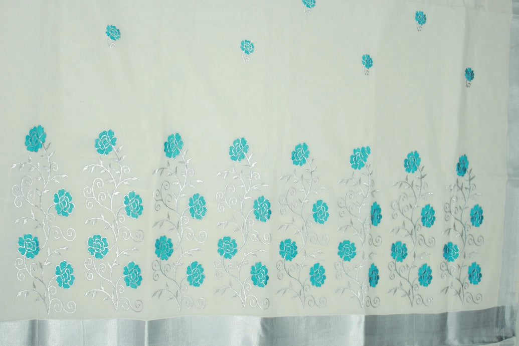 Half White Kerala Cotton Saree with Silver Zari Floral Embroidery and Thread Work