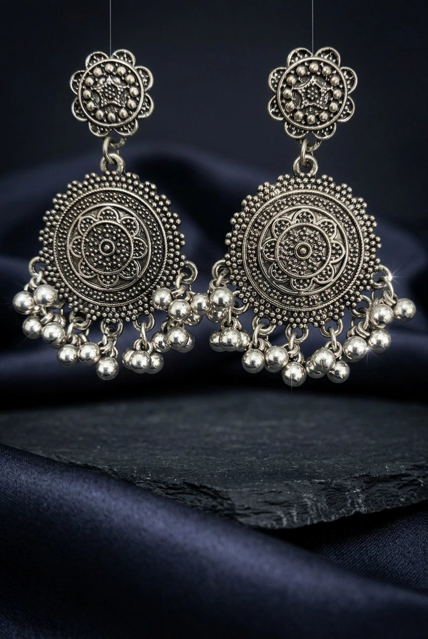 Oxidized Silver Floral Stud Statement Earrings with Beaded Jhumka Dangles for Traditional Wear