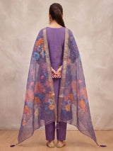 Lavender Roman Silk 3-Piece Kurti Set with Elastic Pant and Digital Jacquard Dupatta
